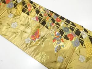 熨斗に枝垂れ桜・蝶・鴛鴦模様織り出し　振袖用全通袋帯